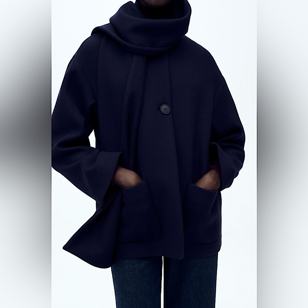 ZARA WOOL BLEND SCARF COAT In Navy - Picture 5 of 15